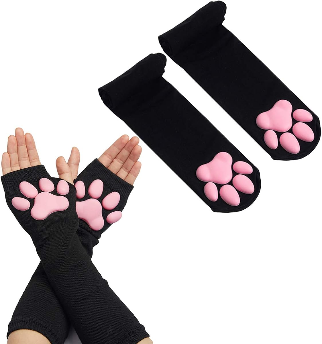 Cat Paw Thigh High Socks Golves, Cute 