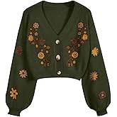 GORGLITTER Women's V Neck Floral Embroidered Cardigan Sweaters Lantern Sleeve Button Down Cropped Cardigan
