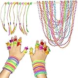 SmitCo LLC Girls Party Favors, Set Of 10 Pre-filled Goodie Bags Or Stuffers For Pool, Bowling or Tea Parties, Including 2 Neon Coil Bracelets, 1 Long Strand of Beads, 2 Emoji Rings and 1 Hair Piece