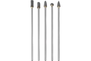 Long Single Cut Rotary Burrs Set 5pcs, 1/8 Inch Shank Carbide Burrs, Solid Carbide Milling Cutters for Metalworking, Deburrin