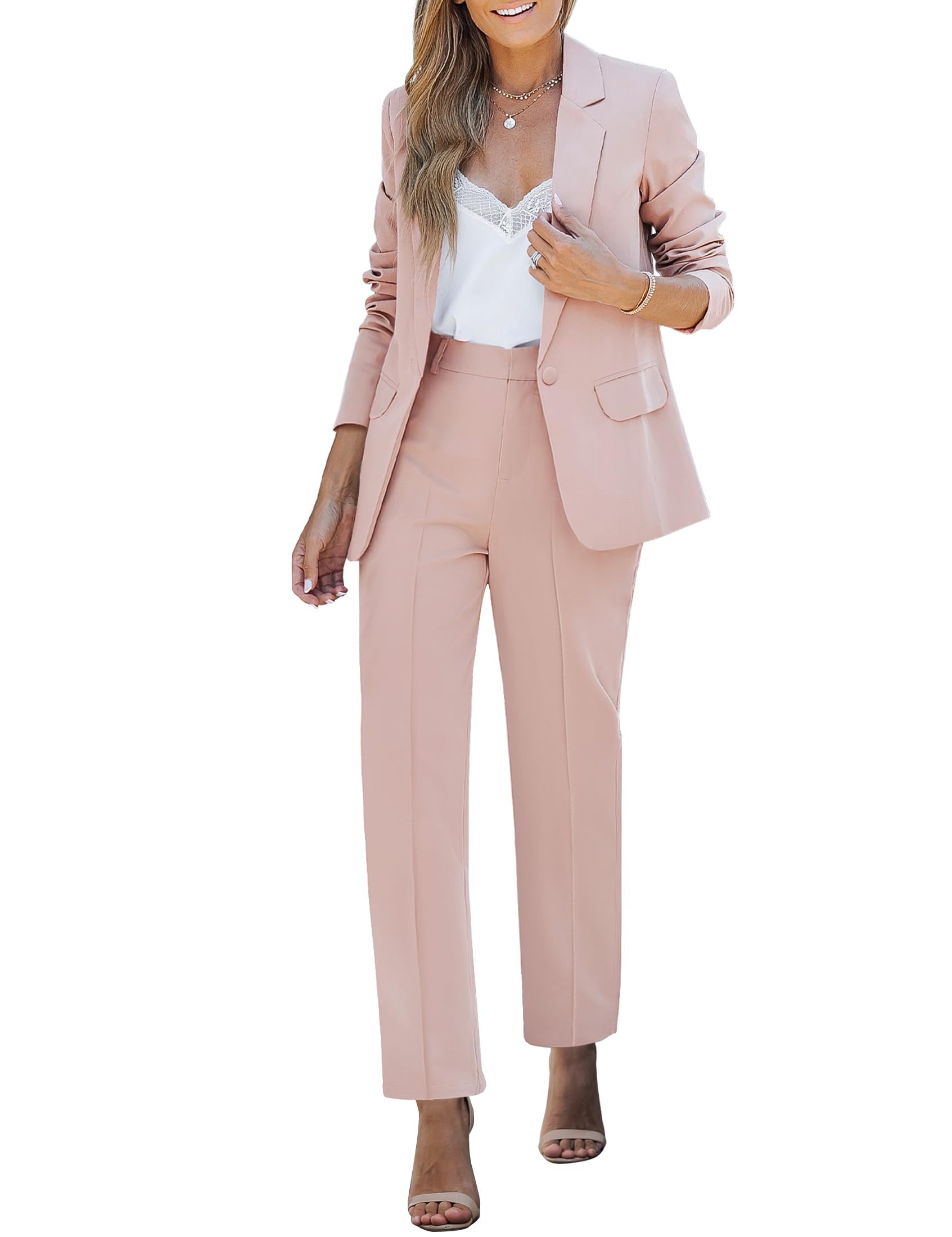 Photo 1 of luvamia Women's Two Piece Sets Pants Suits Dressy Business Casual Outfits Professional Blazer Pantsuits Set Work Office Peach Blush Medium Fits Size 8 Size 10