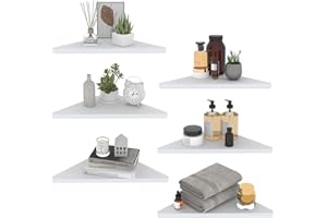 HORLIMER Floating Corner Shelf Set of 6, Rustic Wood Wall Shelves for Bathroom Kitchen Bedroom Living Room Office Nursery (White)