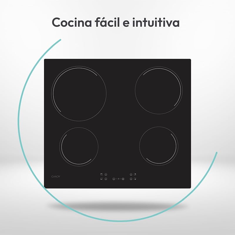 Candy Idea CH64CCB 4U2 Placa Cerâmica 4 Queimadores, 60CM, 10 Níveis de Potência, 6.5KW, Controles Centrais, Indicador de Calor, Bloqueio de Segurança, Superaquecimento e Alerta de Derramamento, Preto