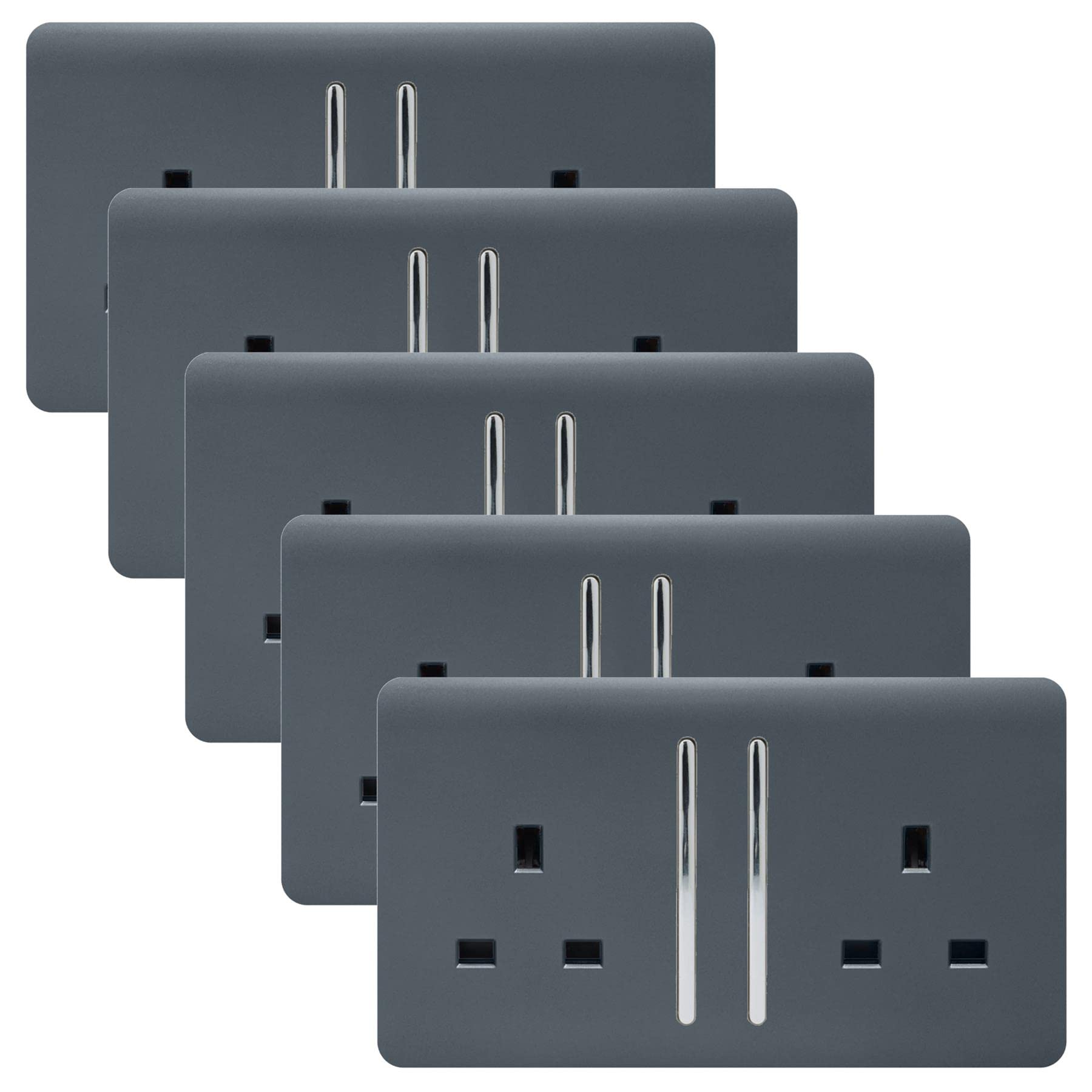 Trendi 2 Gang Artistic Modern Glossy 13 Amp Switched Tactile Plug Socket Warm Grey (5 Pack)
