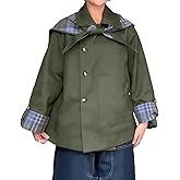 CHARTOU Women's Short Trench Coats Fall Notch Collar Plaid Reversible Oversized Jacket with Pockets