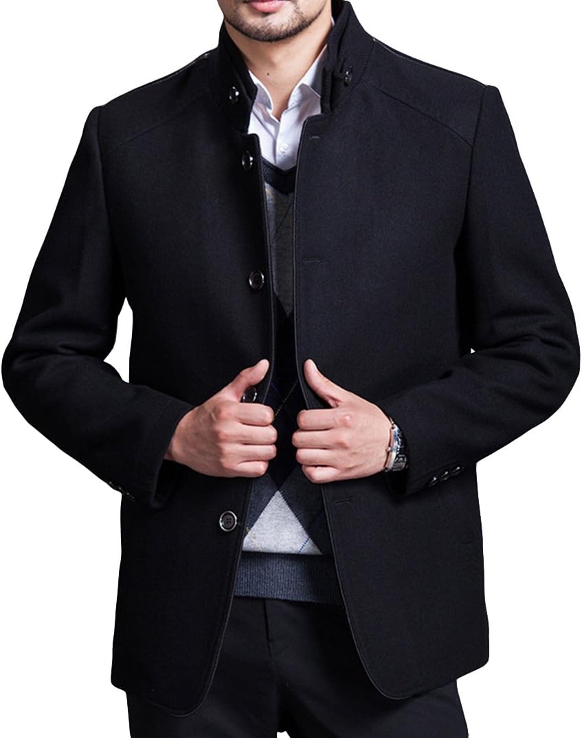 NXW Men's Winter Wool Formal Business Fleece Slim Coat Jackets Outwear Black-L