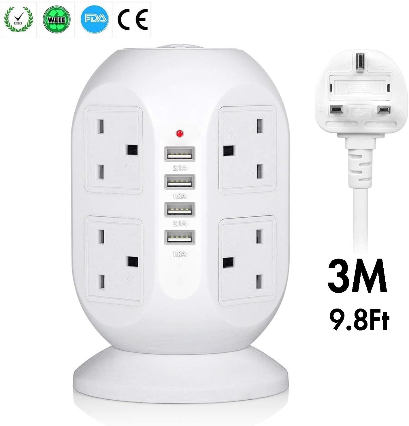 3M/9FT Tower Extension Lead [4 USB Ports 8 Way Outlets] with Surge Protection, Universal Vertical Tower Power Extension Cord with Safety Fuse and Overload Protection (White)