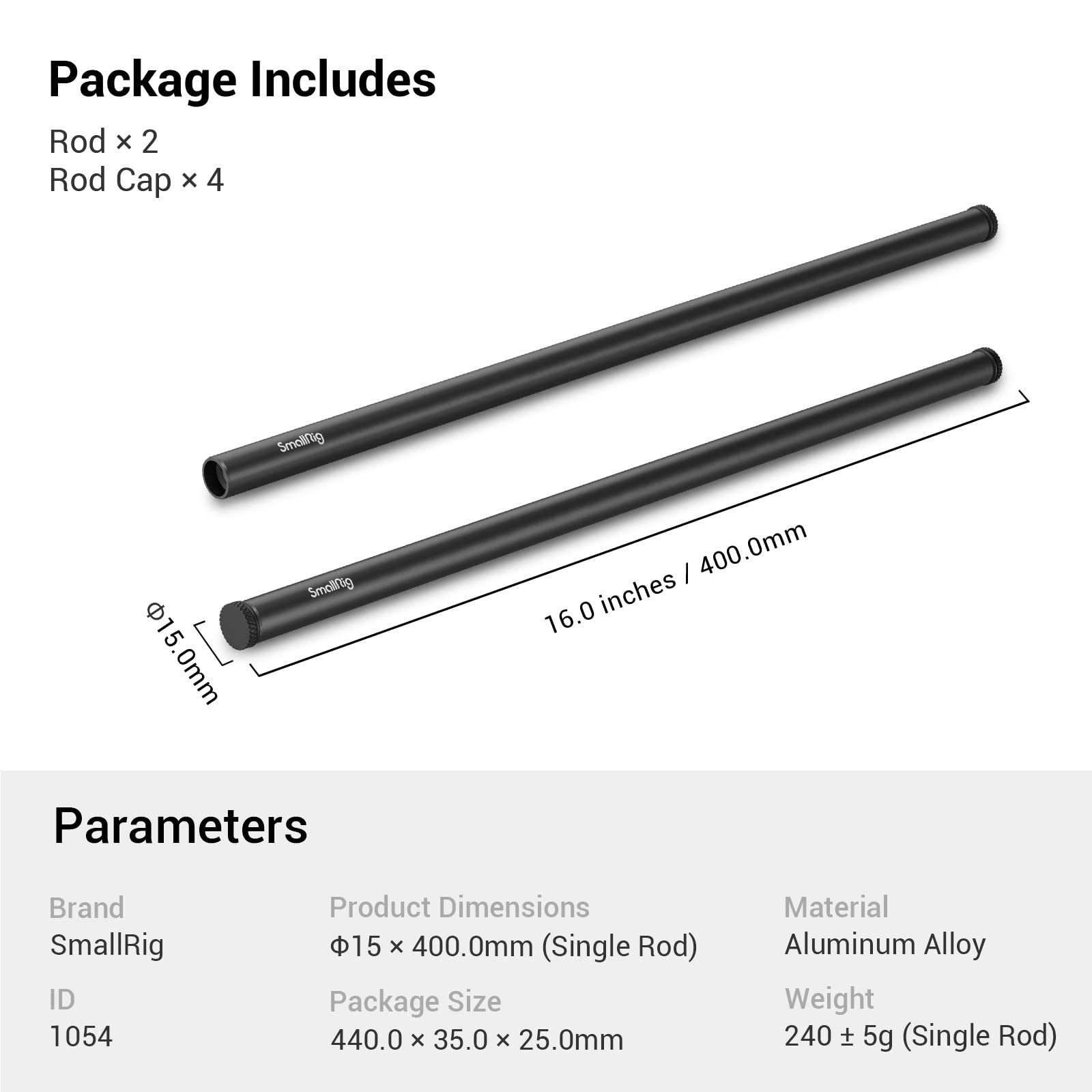 SmallRig 16 Inches (40 cm) Black Aluminum Alloy 15mm Rod with M12 Female Thread, Pack of 2