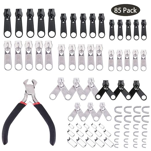 Reißverschluss-Ersatz-Set, 85 Teile, Reissverschluss-Reparaturset, Schwarz und Silber, mit Reißverschluss Montagezange für Ta