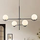 CATINER Black Sputnik Chandelier, Modern 4 Lights L31 '' Large Mid Century Long Ceiling Pendant Light Fixtures with Milk Glas