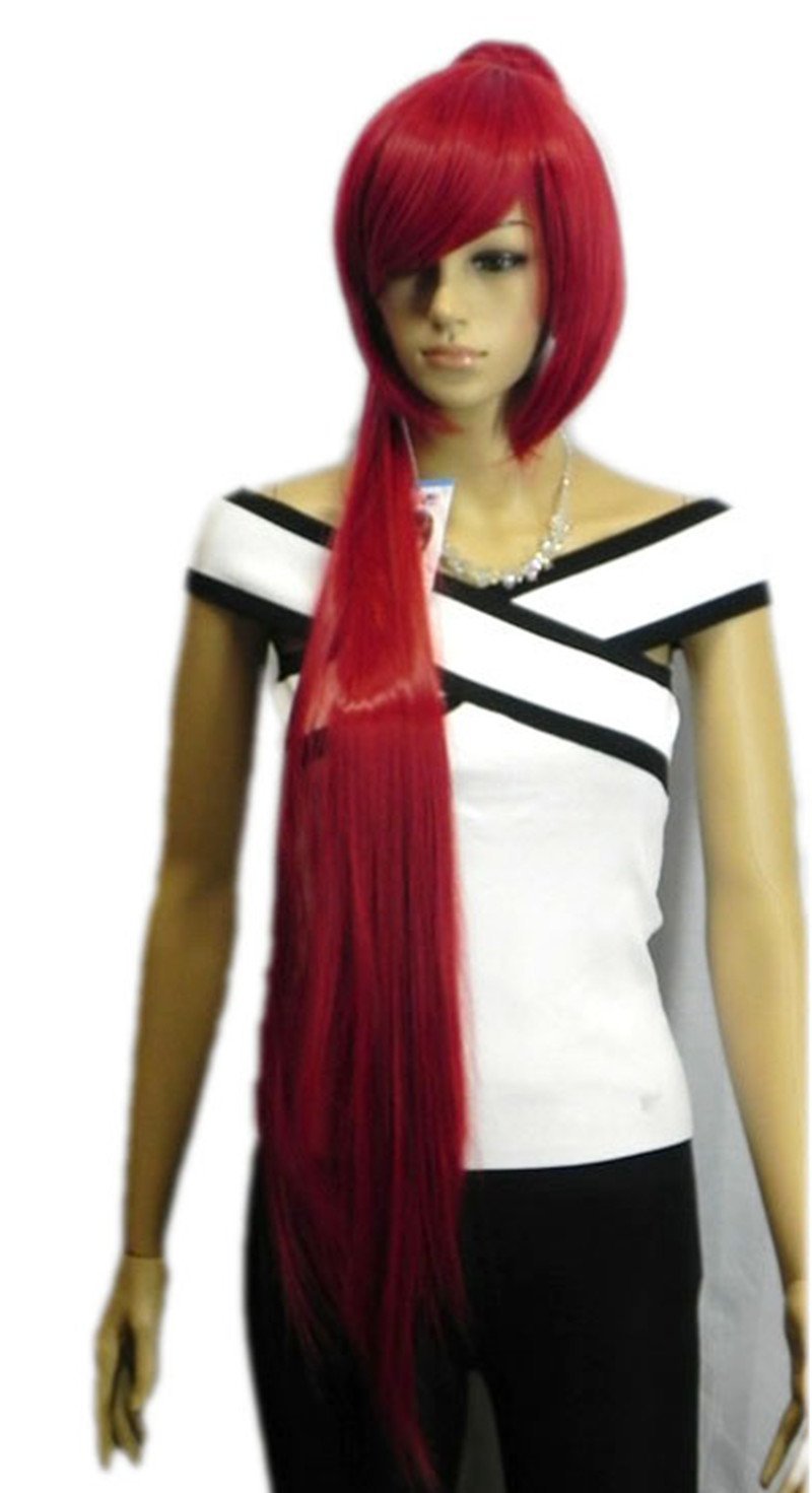 QIYUN.Z Women Bob Long Straight Wigs Fire Red Ponytail Synthetic Hair Full Wig