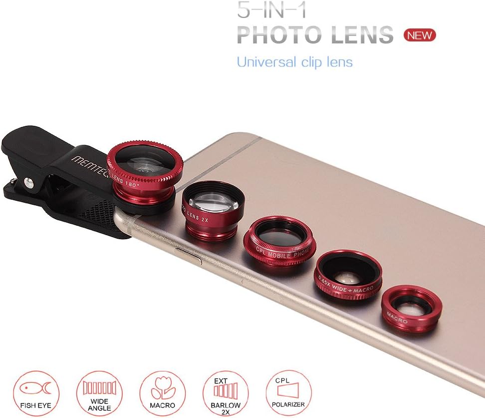 MEMTEQ 5 in 1 Clip-on Photo Lens, 180 Degree Fisheye + 0.65X Wide Angle + Macro + CPL Filter + 2X Telephoto Lens, Camera Lens for iPhone 6 / 6 Plus, iPhone 5s 5c 5 4s 4, Samsung, iPad Mini / Air, RED