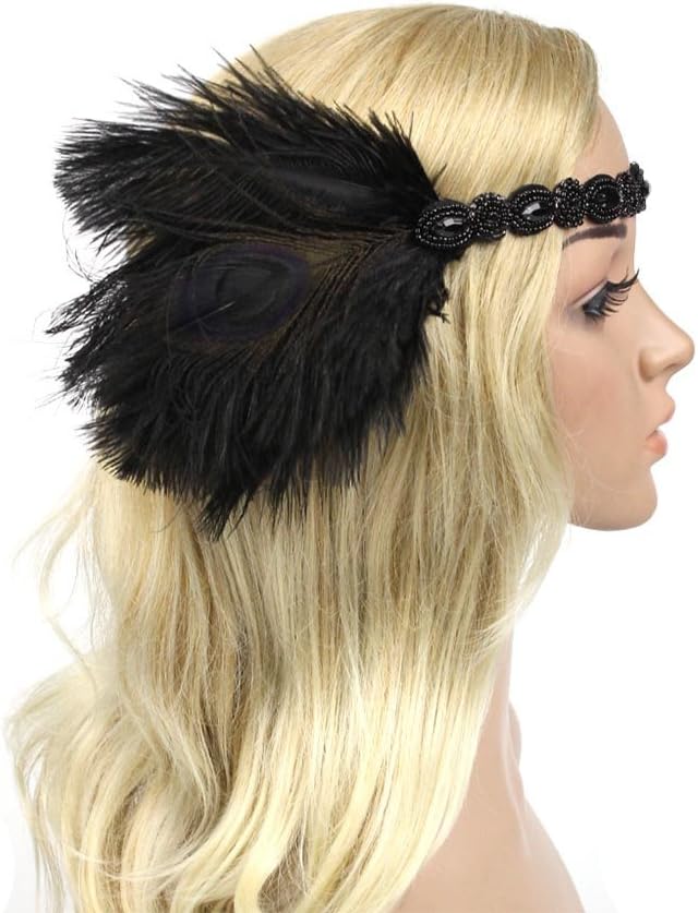 ACTLATI 20s Flapper Headband 1920s Roaring Gatsby Vintage Feather Headpiece Cocktail Party Hair Accessories for Women