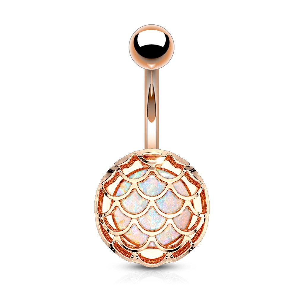 PiercedOff 316L Surgical Steel Rose Gold Tone Belly Bar with PVD Opal Glitter Incased Casted Fish Scale - Thickness 14GA (1.6mm) / Length 10mm / Ball Size 5mm Top and 10mm Lower Disc