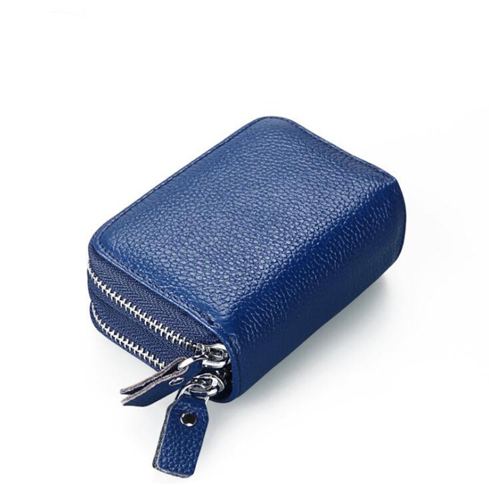 AprinCtempsD RFID Blocking Women's Credit Card Holder Genuine Leather Ladies Small Coin Purse Men's Mini Card Wallet with Double Zipper (Blue)
