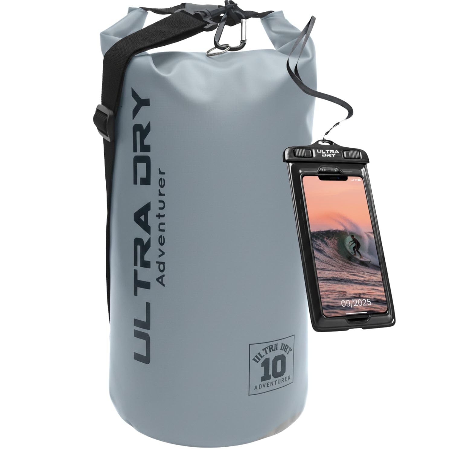 Premium Waterproof Bag, Sack with Phone Dry Bag and Long Adjustable Shoulder Strap Included, Perfect for Kayaking/Boating/Canoeing/Fishing/Rafting/Swimming/Camping/Snowboarding (Gray, 10 L)