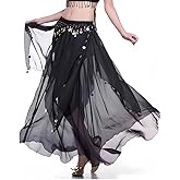 Tefrica Women's Chiffon Belly Dance Costume Skirts Indian Dance Skirt with Coins