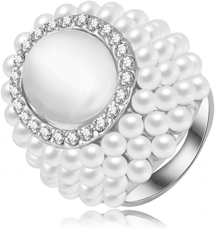 LuckyWeng Large White Pearl Rings Engagement Wedding Girls Big Faux Unique Dainty CZ Diamond Silver