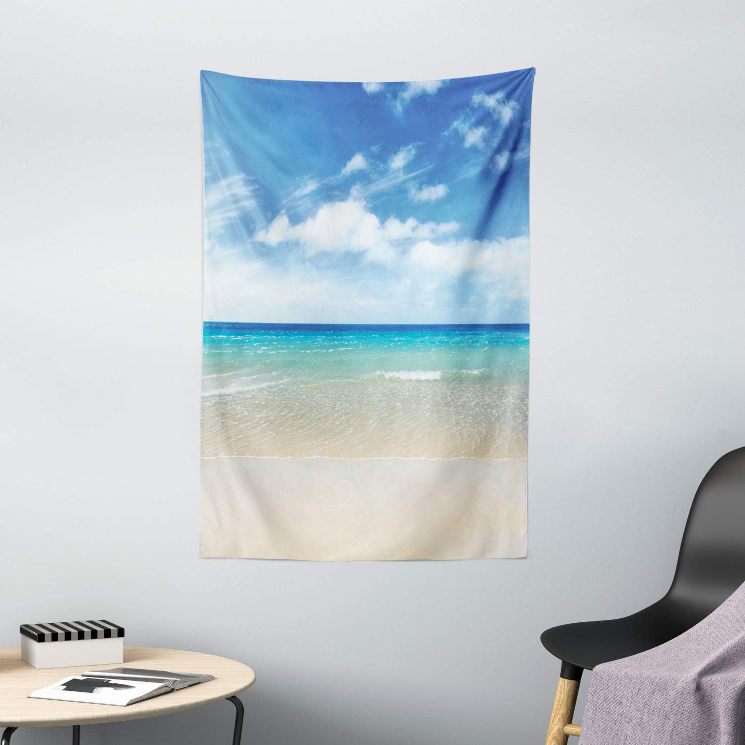 Ambesonne Ocean Tapestry, Tropical Sandy Beach at Summer Sunny Day Holiday Vacation Theme Image Print, Wall Hanging for Bedroom Living Room Dorm Decor, 40" X 60", Ivory Blue