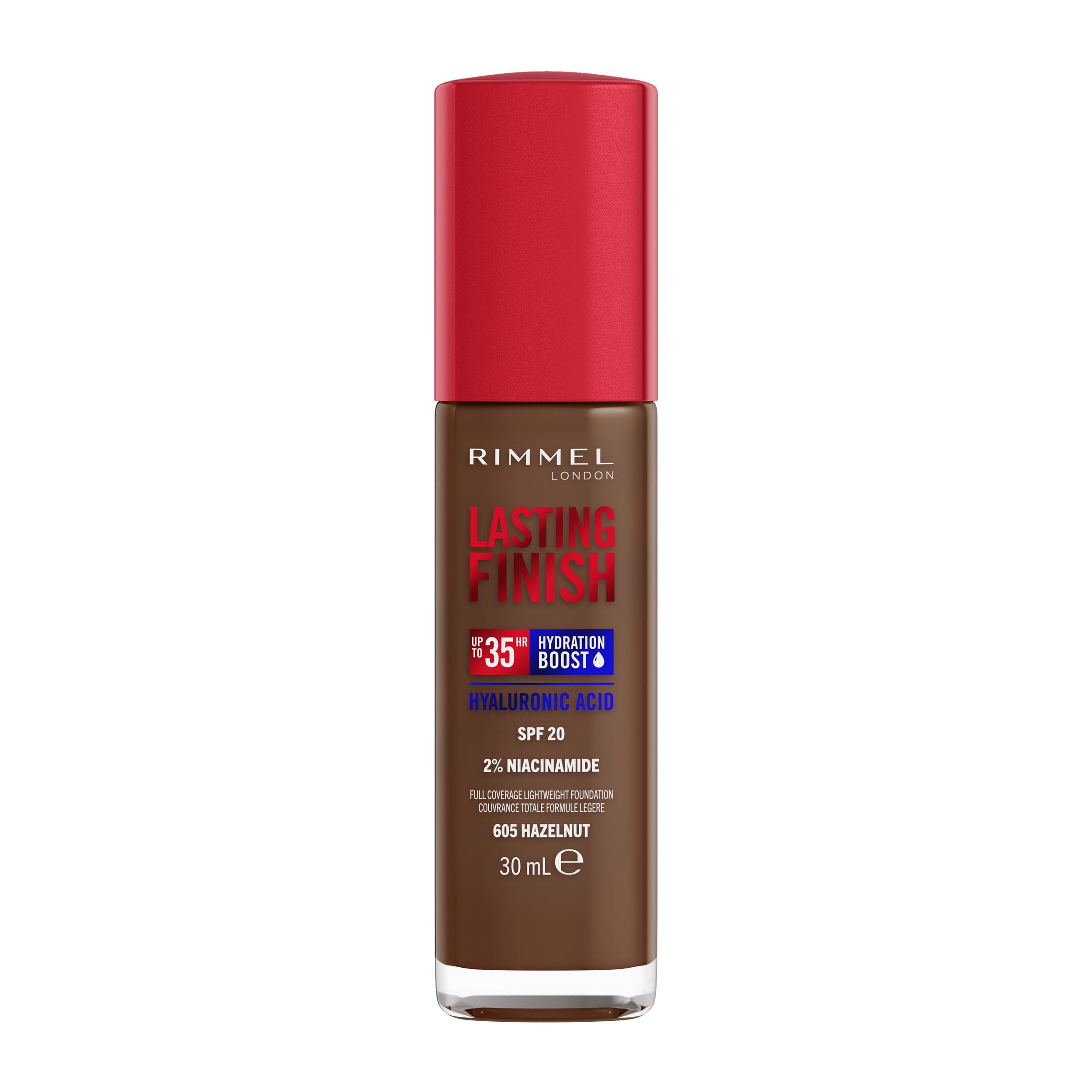 Rimmel Lasting Finish 35Hr Foundation 605 Hazelnut, Full Coverage, Hydrating, SPF20, Hyaluronic Acid, Vitamin E, 2% Niacinamide, All Day Wear, Vegan, Cruelty Free