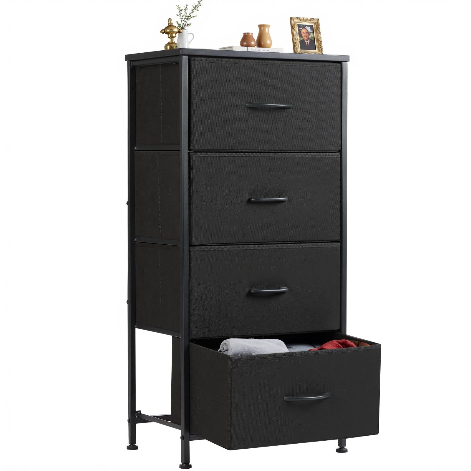 Sweetcrispy Nightstand Small Bedroom Dresser with 4 Fabric Drawers, Bed Side Furniture End Table, Wooden Top Cabinet Night Stand Dresser for Closet, Entryway, Dorm, Black Image