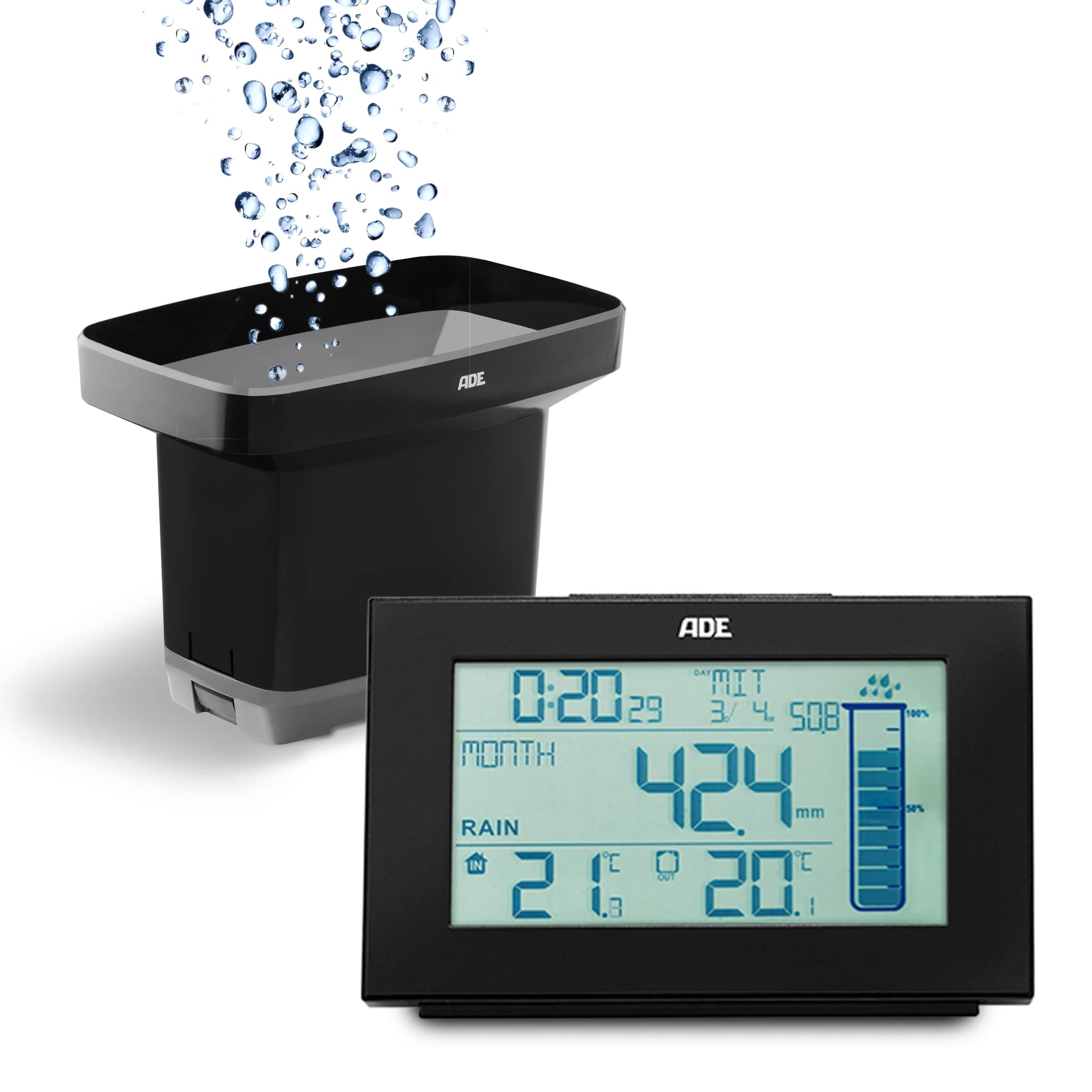 ADE WS1907 Rain Gauge (Weather Station with Rain Gauge for the Garden with Radio Sensor, Thermometer for Indoor and Outdoor Use, Digital Radio Clock with Alarm Clock), Black