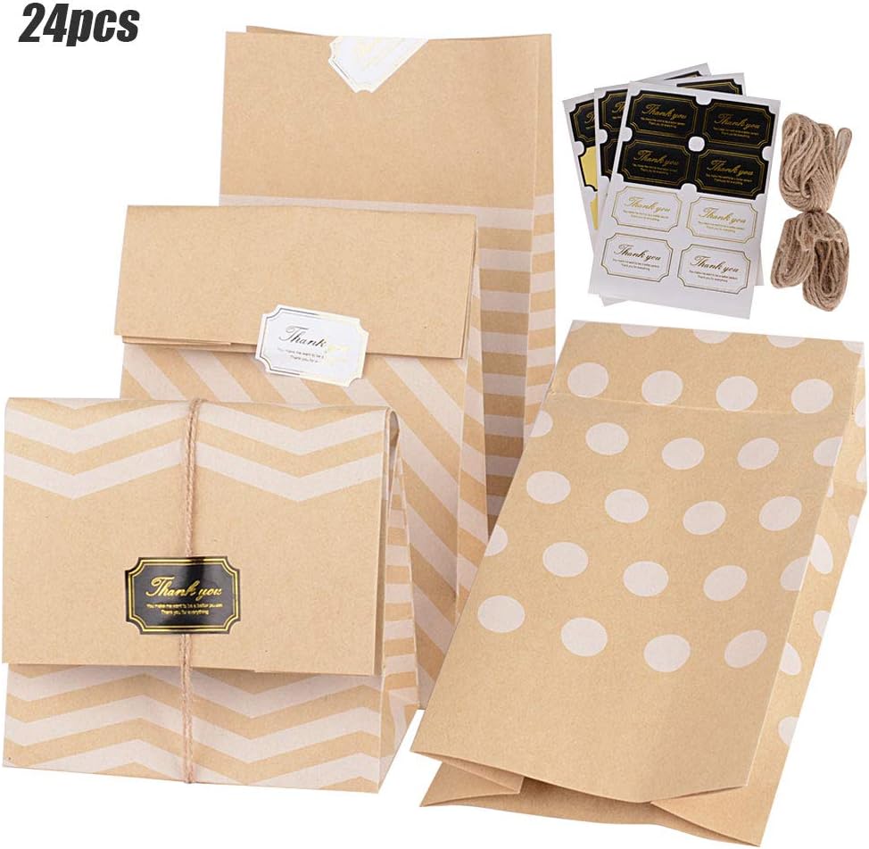 24 Pcs 15x27cm Tahnk You Medium Kraft Paper Party Gift Bags with Stickers and Hemp Rope Polka Dot Ripple Stripe Candy Sweet Cookies Bags for Girls Boys Birthday Christmas Party Supplies
