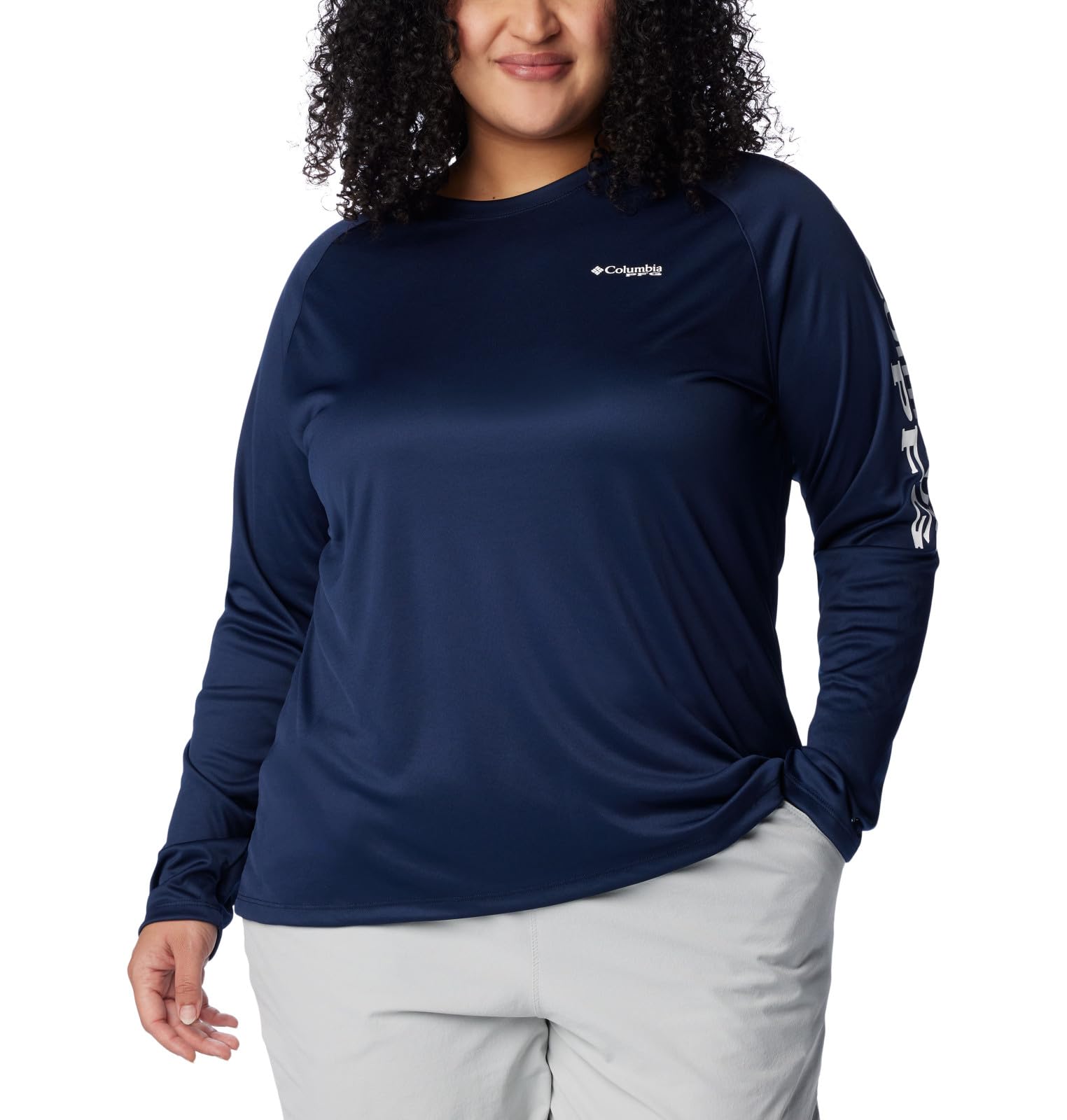 Columbia Womens PFG Tidal Tee II Long Sleeve Sun Protection Shirt, Collegiate Navy/White Logo, Medium