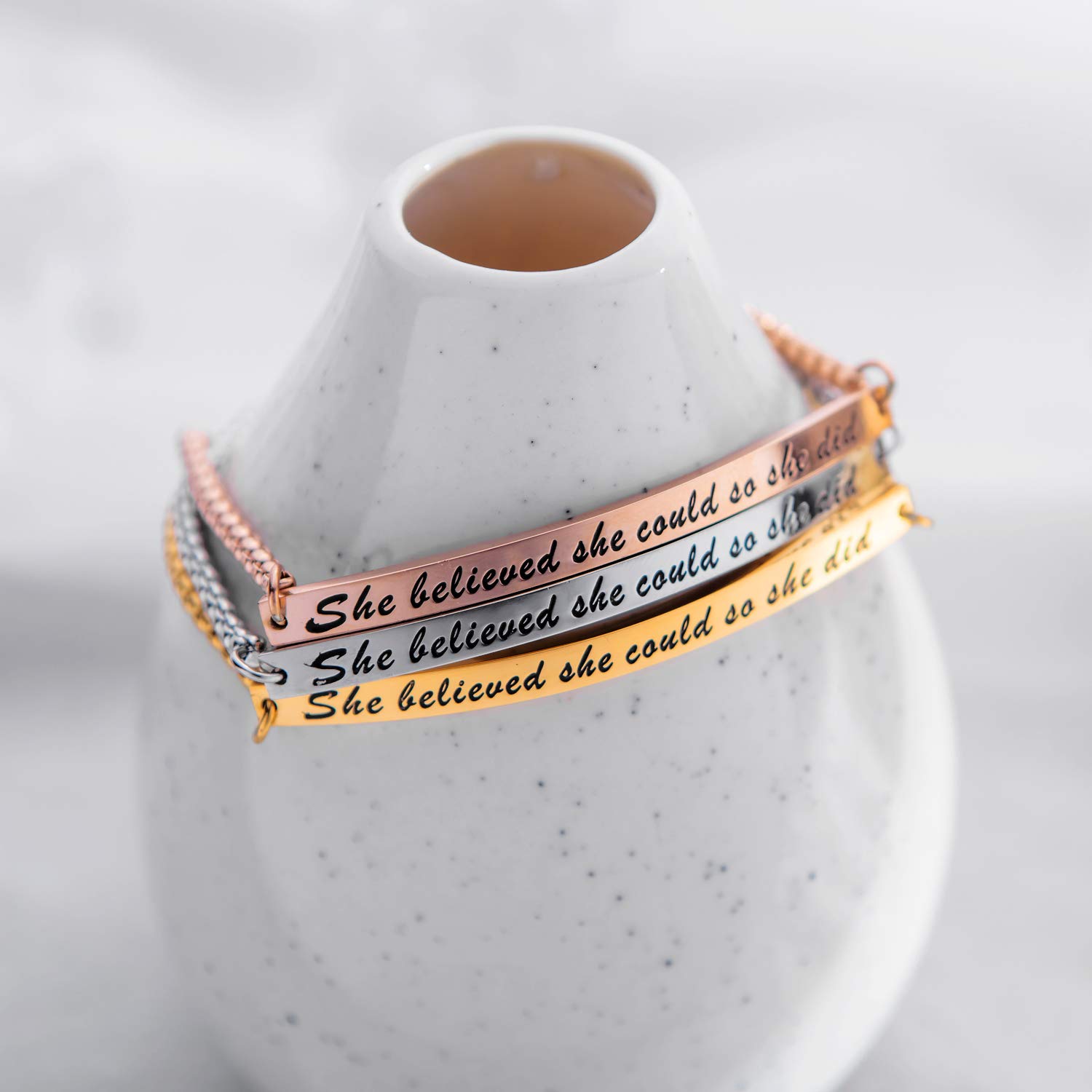 GAGAFEEL Cuff Bangle Inspirational Jewelry She Believed she Could so she did Women Bar Bracelet Link Birthday Xmas Gift (Silver)