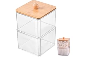 Cotton Ball Holder, Cotton Swab Container with Bamboo Lid Transparent Dustproof Ball Holder Moistureproof Waterproof Swab, 2 