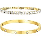 Stackable Bracelets for Women - 2Pcs Charm Tennis Bracelet Bangle Bracelet 14k Gold Plated Cubic Zirconia Fashion Jewelry for Women Birthday Gift Pulseras Para Mujer