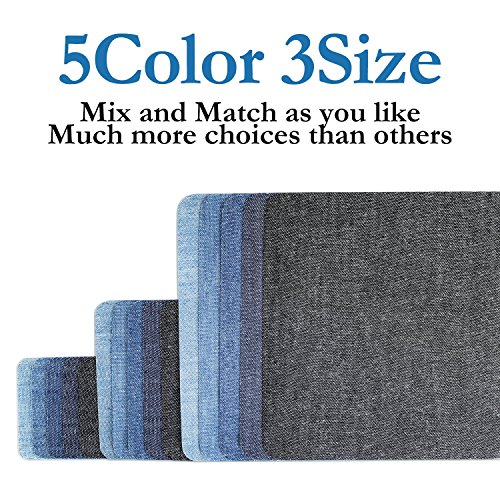 Muscccm 15 Pcs 5 Colors Iron On Sew On Denim Patches For DIY Clothing Jeans Jackets Bags Iron-on Repair Kit 3 Size (5 x 5 Inch, 3 x 3 Inch, 3 x 2 Inch)