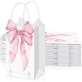 Skyygemm 16 Pcs Bow Pink Coquette Bow Gift Bags with Handles 8 x 4.3 Inch Small Pink Kraft Paper Bags for Treat Goodie Candy Birthday Wedding Bridal Shower Party Favor Supplies