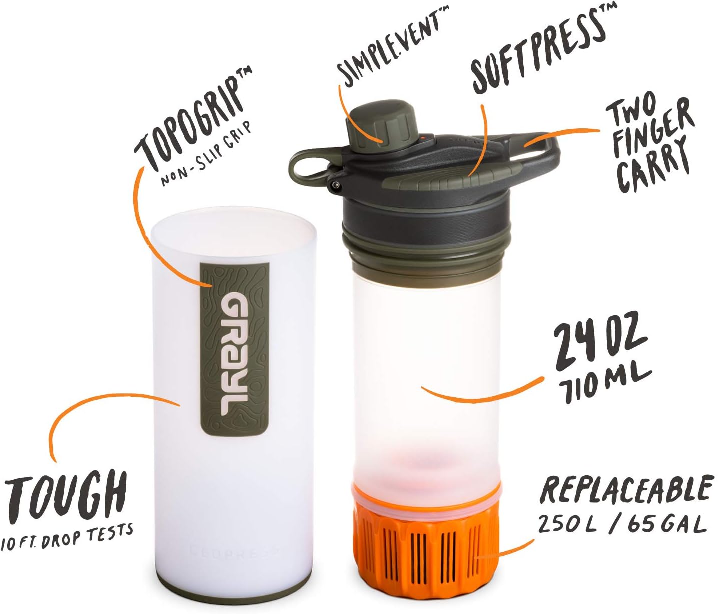 GRAYL GeoPress 24 oz Water Purifier Bottle - Filter for Hiking, Camping, Survival, and Travel (Alpine White): Home & Kitchen