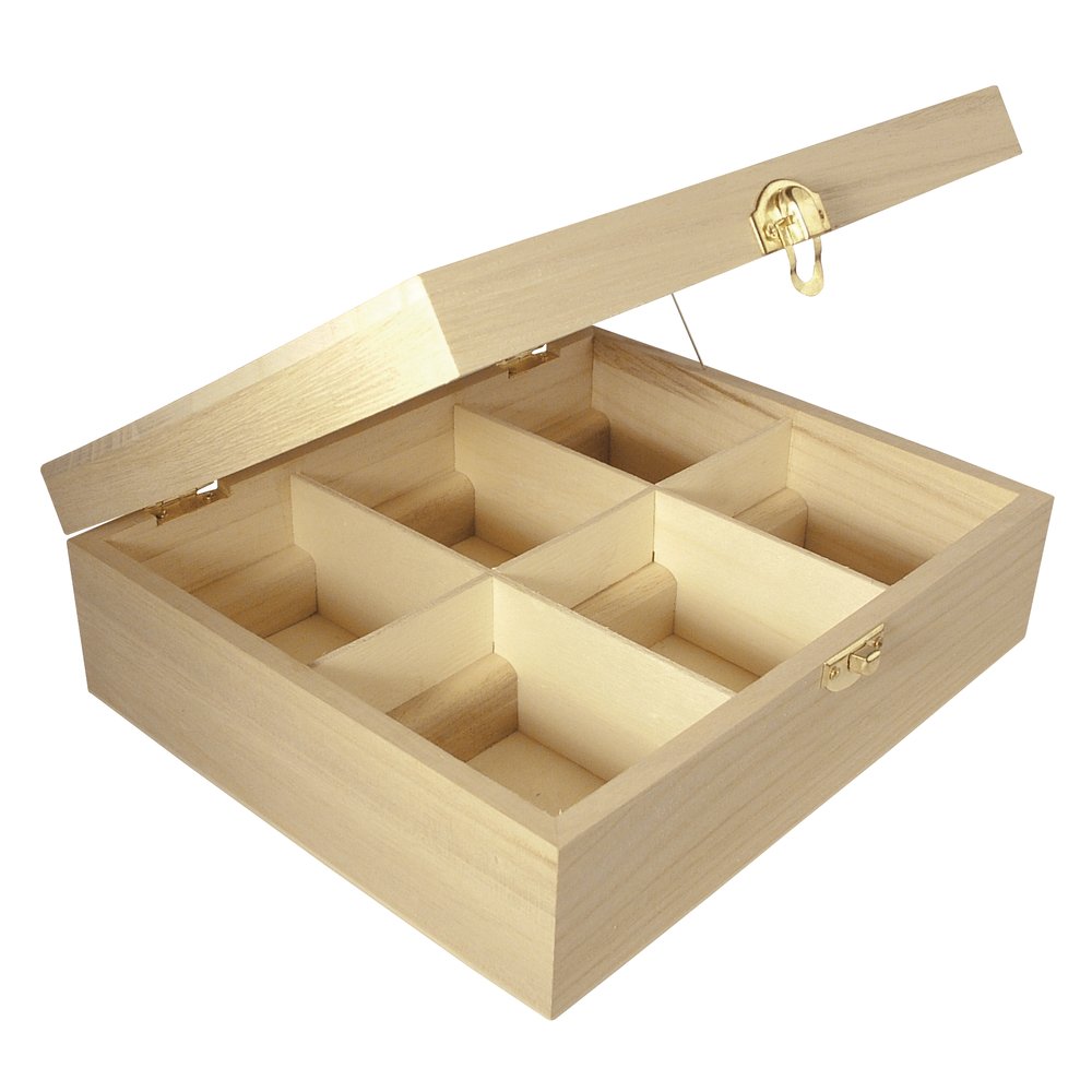 Rayher Tea Storage Box with 6 Compartments, Wooden Tea Chest with Lid, Compartment Storage Box, Natural Wood Box to Decorate, 21.5x18x7cm, brown, 62408000