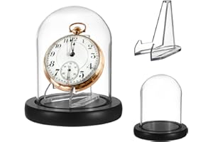 JUXYES Clear Watch Glass Display Dome Cloche with Display Stand, Clear Terrarium Jar Cloche Bell with Wooden Base, Glass Display Dome for Pocket Watches Medals Coins Ornaments