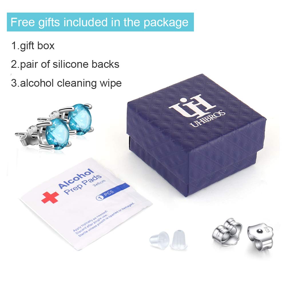 UHIBROS Sterling Silver Birthstone Stud Earrings Round Cubic Zirconia Diamond March Gifts