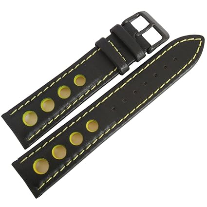 EULIT 22mm German Black Yellow GT Racing Rally PVD Buckle Leather Watch Strap