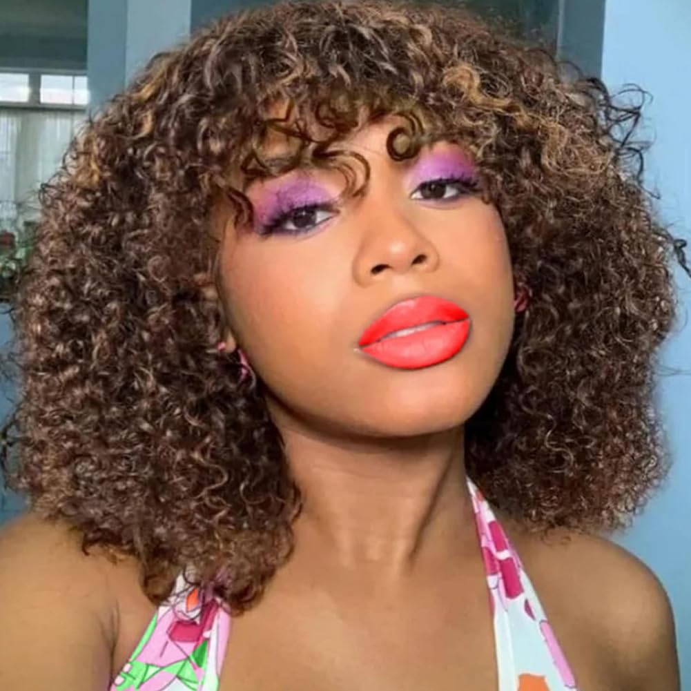 Spotlight Short Kinky Curly Wigs 12 inch Bob Loose Wave Human Hair Wigs for Women Brazilian Virgin Human Hair Wigs with Bangs Natural Looking (Ombre Brown, P4/30/27 Color)