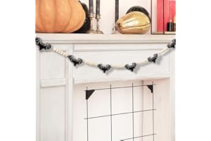 AKEROCK Halloween Garland, Halloween Decorations Indoor - Farmhouse Wood Bat with Skeleton and Bead Halloween Banner for Fireplace Mantel Decoration - Bats Garland
