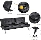 Yaheetech Faux Leather Click Clack 3 Seater Sofa Bed with Cup Holders Black view 3