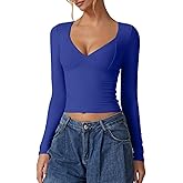 QINSEN Women's Long Sleeve V Neck T Shirts Double Lined Crop Top Seamed Cup Going Out Tops