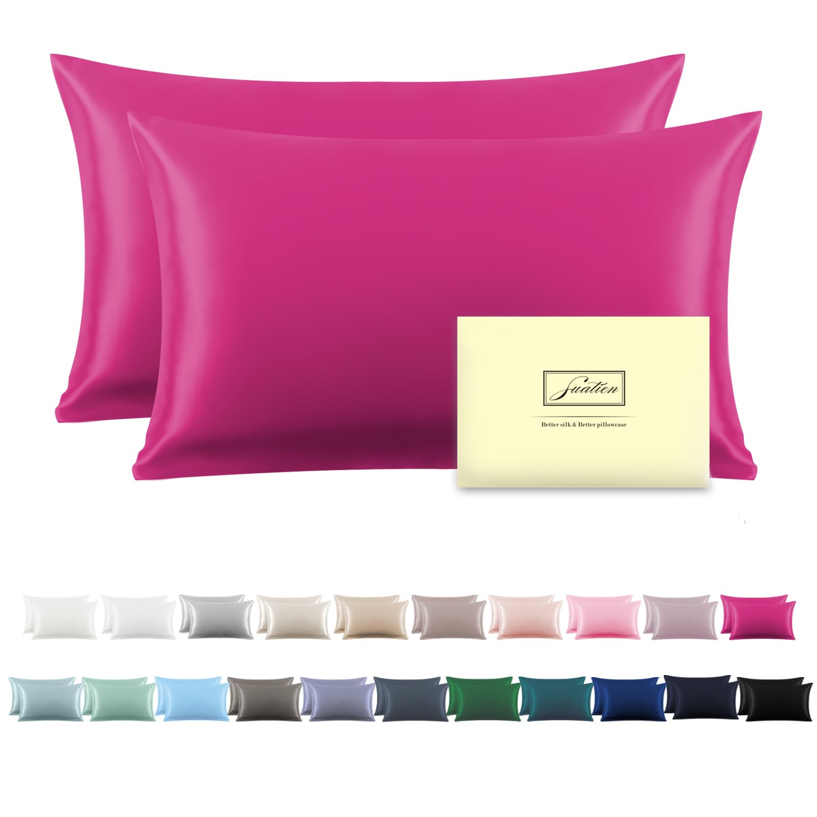 Silk Pillow Cases 2 Pack,Soft Breathable and Sliky Standard Size Pillow Cases Set of 2,Natural Mulberry Silk Pillowcase Set of 2 for Hair and Skin with Hidden Zipper (Hot Pink,20"X 26",2pcs) Image