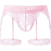 GENEMEN Mens Sexy Lace Panties Sissy Lingerie Thongs with Garters Sheer G-string Underwear for Cross-dressers
