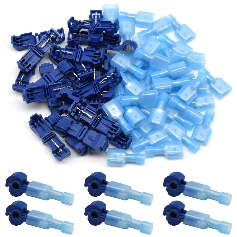 CEEYSEE 60Pcs T Tap Wire Connectors 18-14 AWG of Blue Self-Stripping and Nylon Male Spade Terminal Quick Disconnects Electrical Connectors Kit (NXJL)