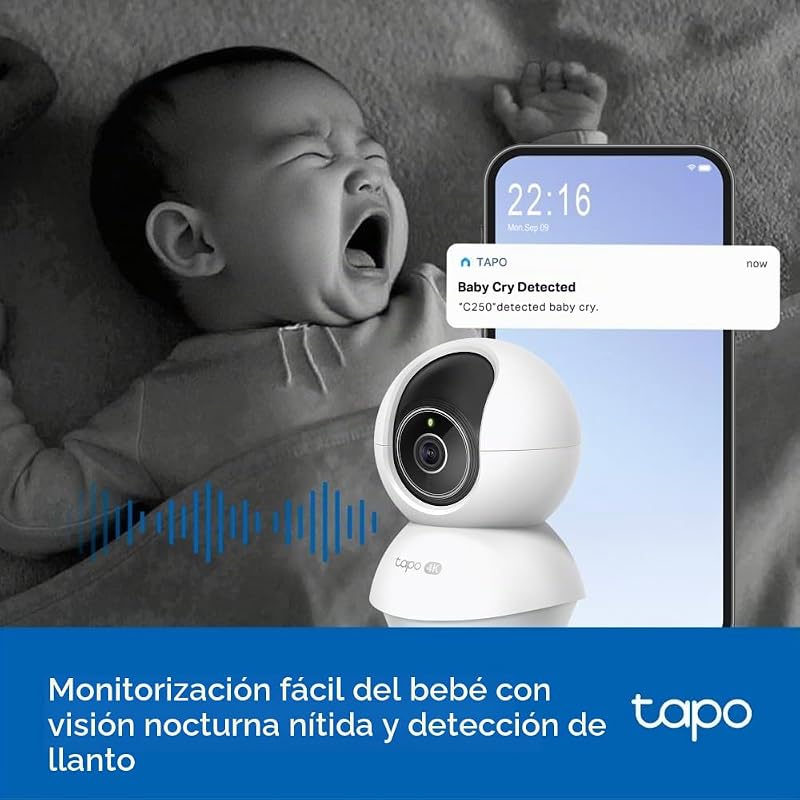 C250 4K Cámara de vigilancia Interior 360°, detección de IA Local y Seguimiento de Movimiento con Zoom, visión Nocturna por Infrarrojos, Zona de Bloqueo de privacidad, Memoria Micro SD o Nube
