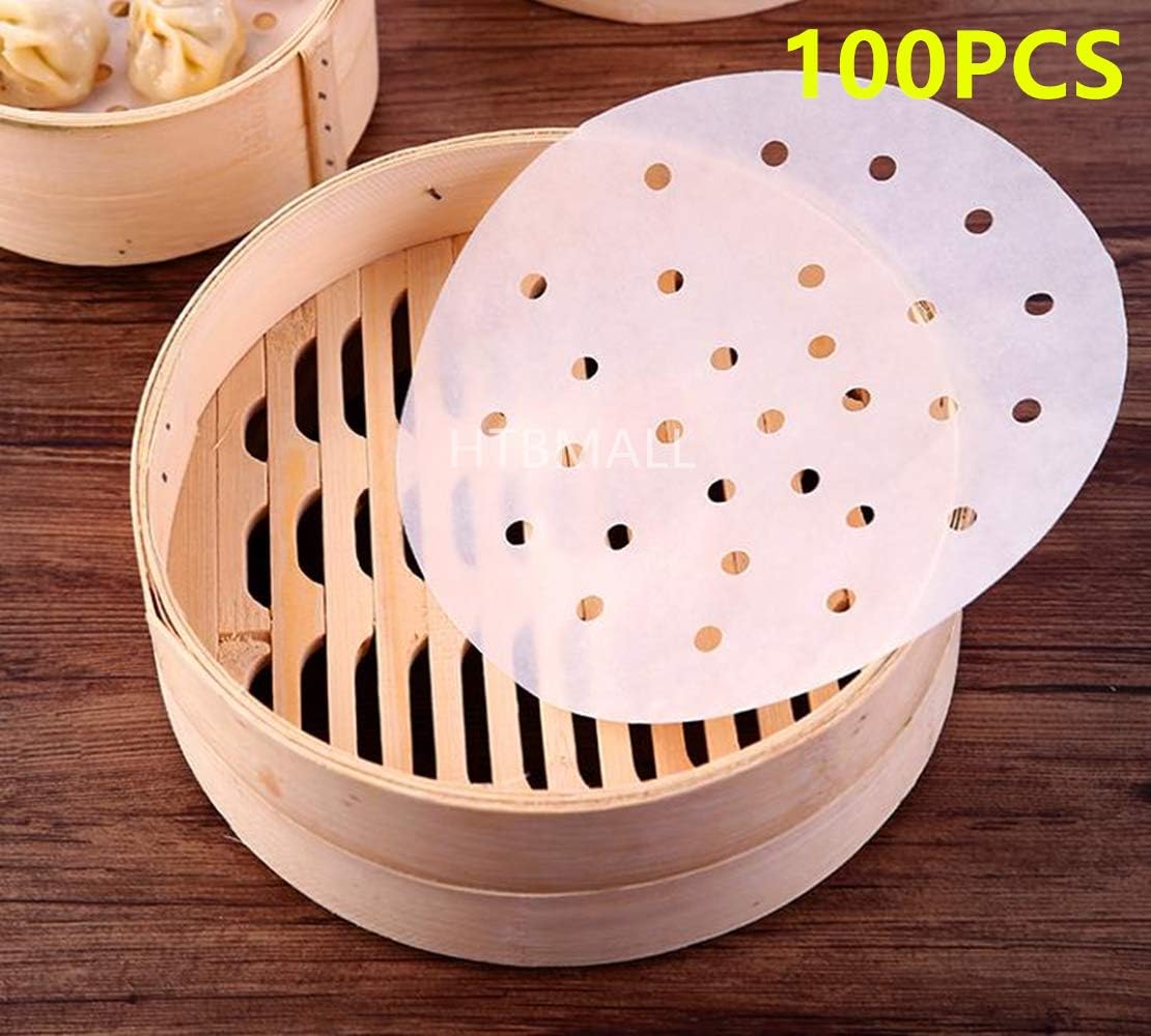100pcs Air Fryer Liners, Vancens 10 inches Bamboo Steamer Liners, Premium Perforated Parchment Steaming Papers, Non-stick Steamer Mat