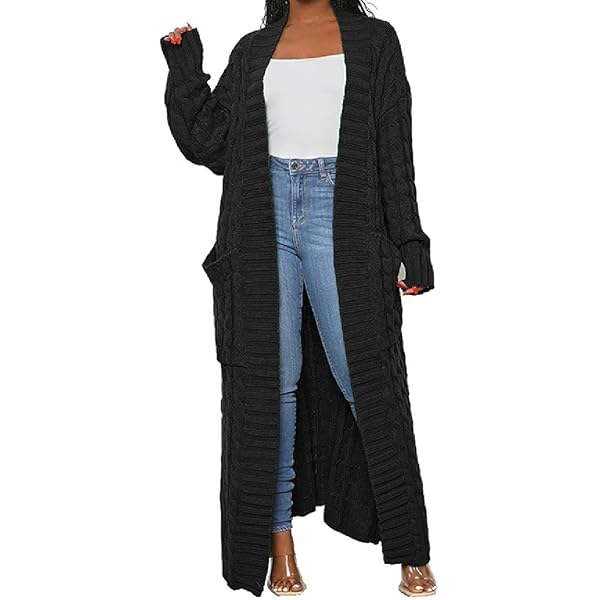 ADILACA Black Long Cardigan for Women, Stylish Cable Knit Dual