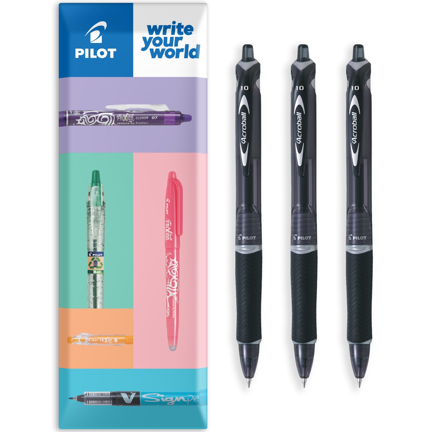 PILOT Acroball Retractable Ballpoint Pen - Begreen Range 79% Recycled - Pack of 3 Pens - Medium 1.0mm Nib - In Envelope Gift Packaging - Ideal for Writing, School, Home, Office. (Black)