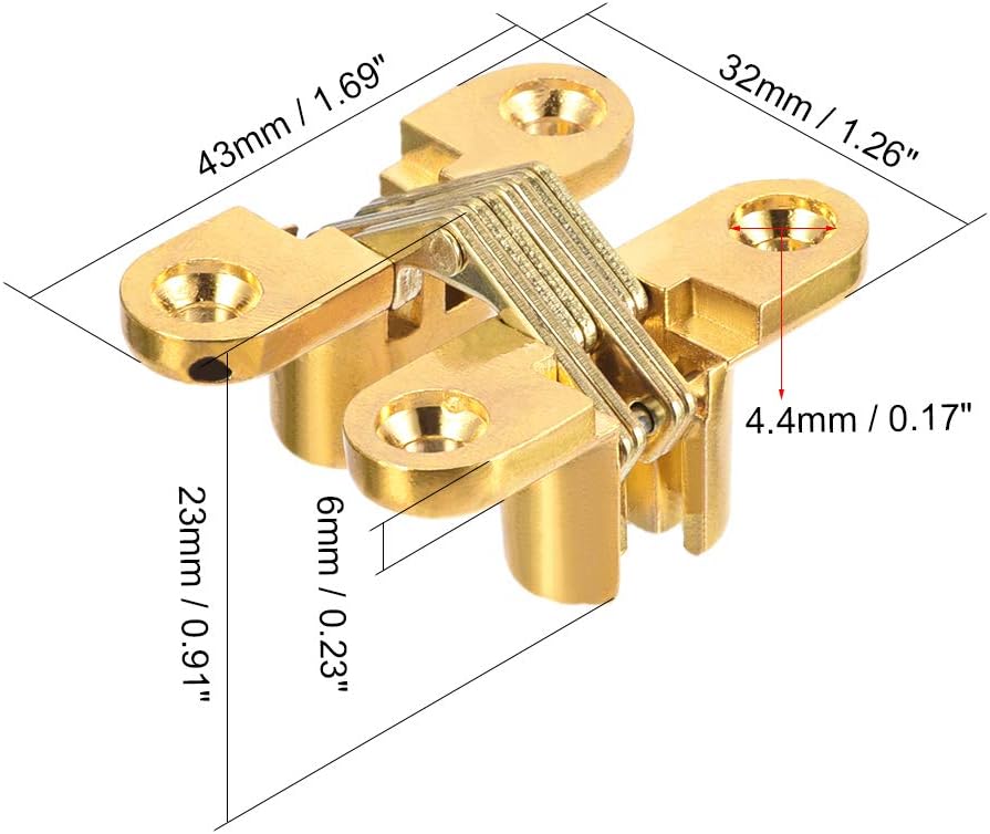 sourcing map 2pcs Invisible Concealed Cross Hinges Wooden Doors, Zinc Alloy, 43 x36x12mm, Golden, 43mm Length,2 pcs - Image 4